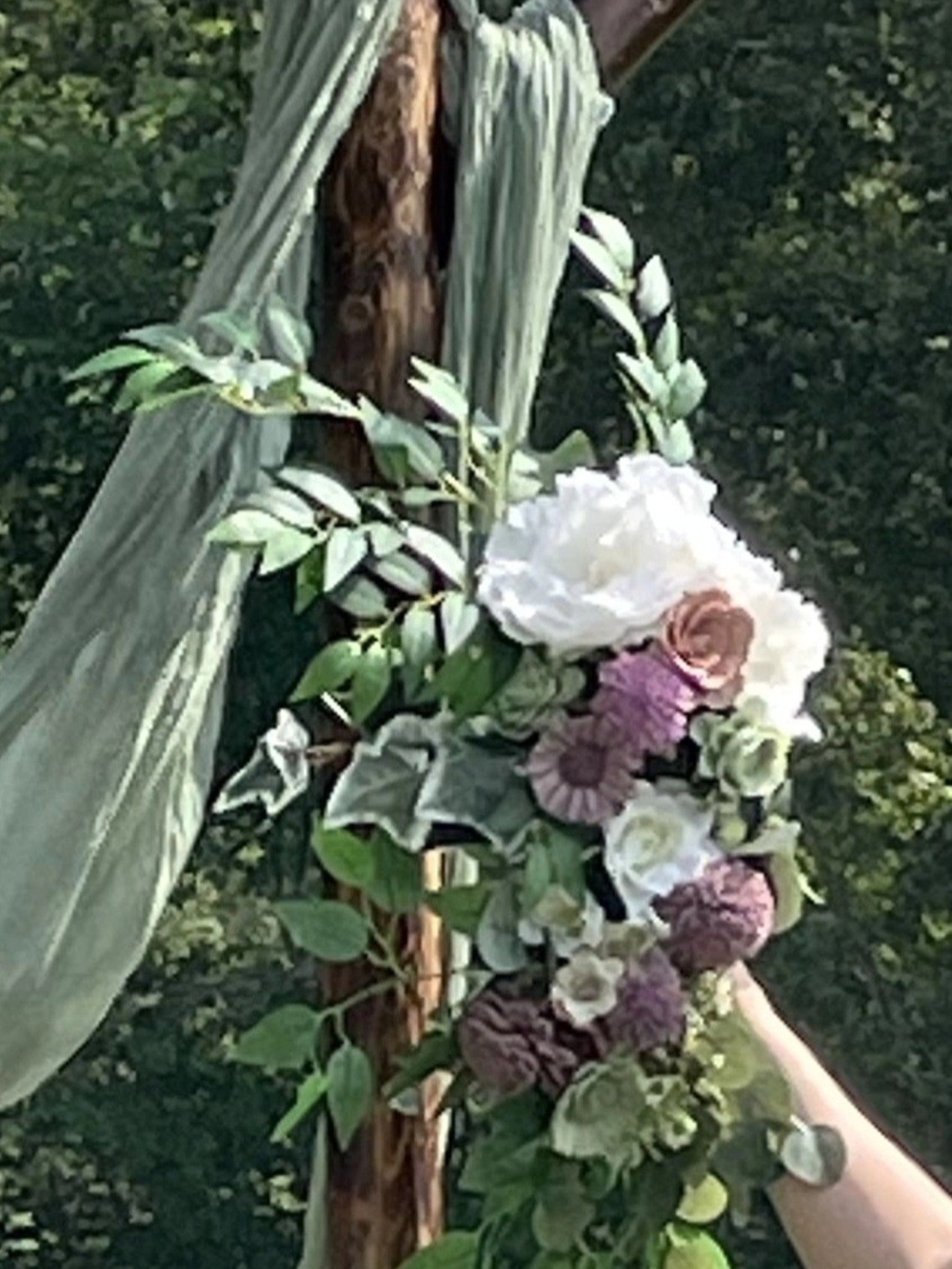 Rustic Wedding Arch Draped in Pink and Sage Green With 2 Corner Flower Swags - Picture 5 of 5